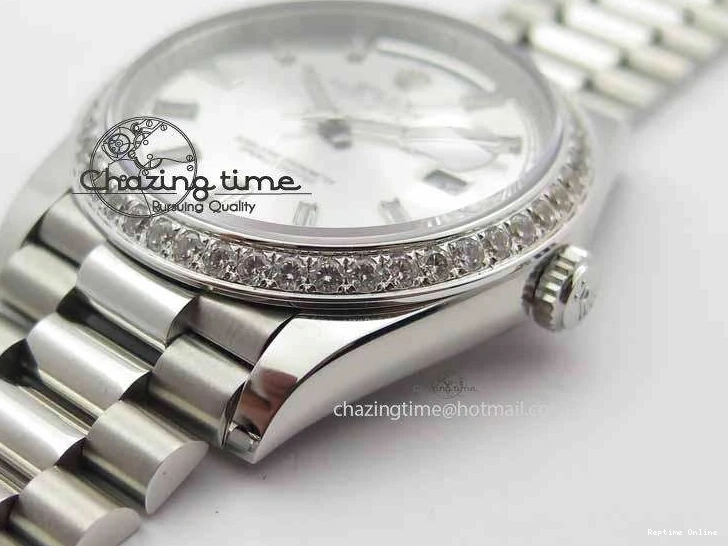 0126 TechFriendly Day Date 40mm SS BP Maker Best Edition Diamond Bezel Silver Dial On SS Bracelet ETA 3696